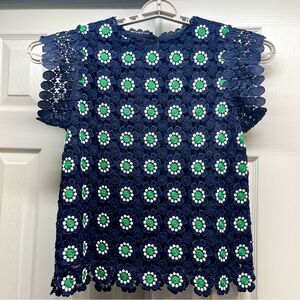 J. Crew Floral Crochet Lace Sleeveless Top Navy Green White Daisy Size S AJ474